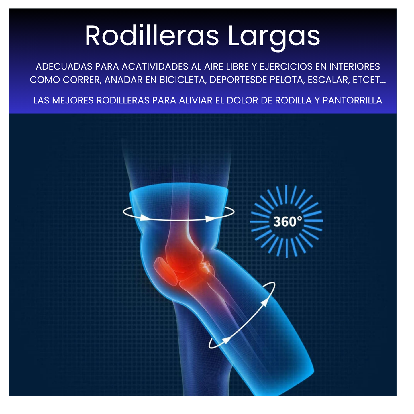 Rodillera alargada antideslizante con manga larga para piern.
